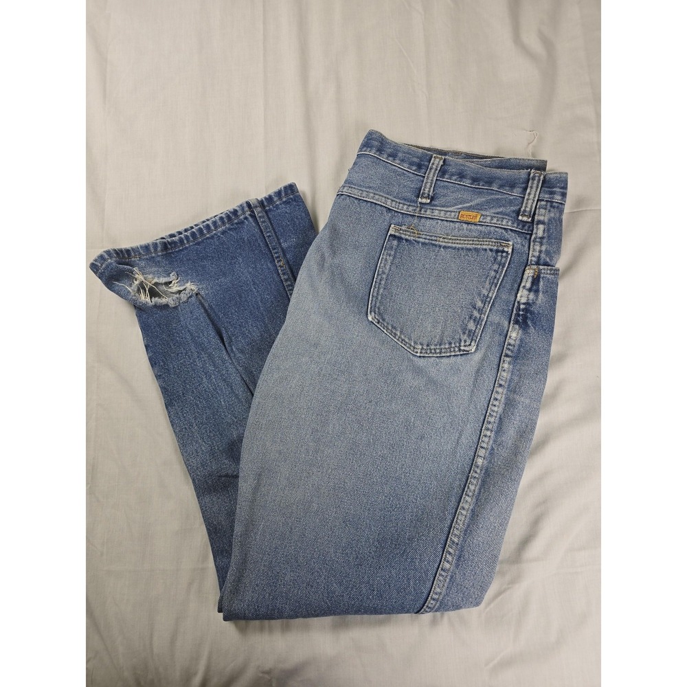 Vintage‎ Rustler Jeans Mens 40x32 Blue Relaxed Bootcut Made USA Distressed 87620